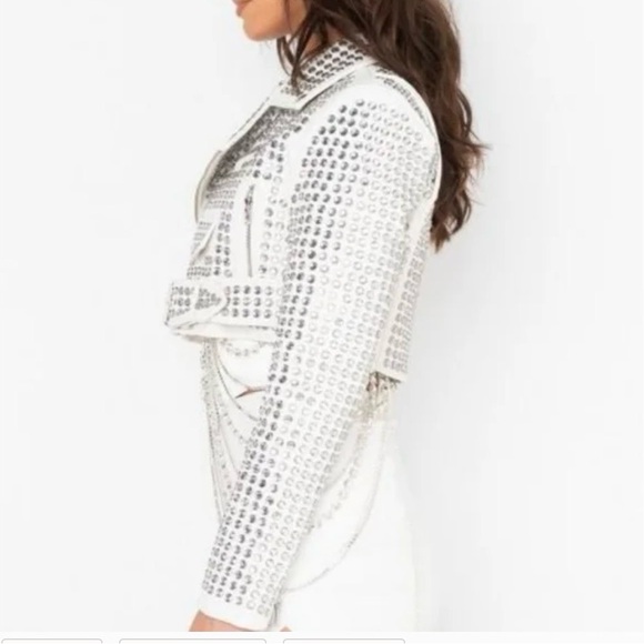 White Studded Leather Biker Jacket - Women's Rhinestone Detail - Picture 3 of 3